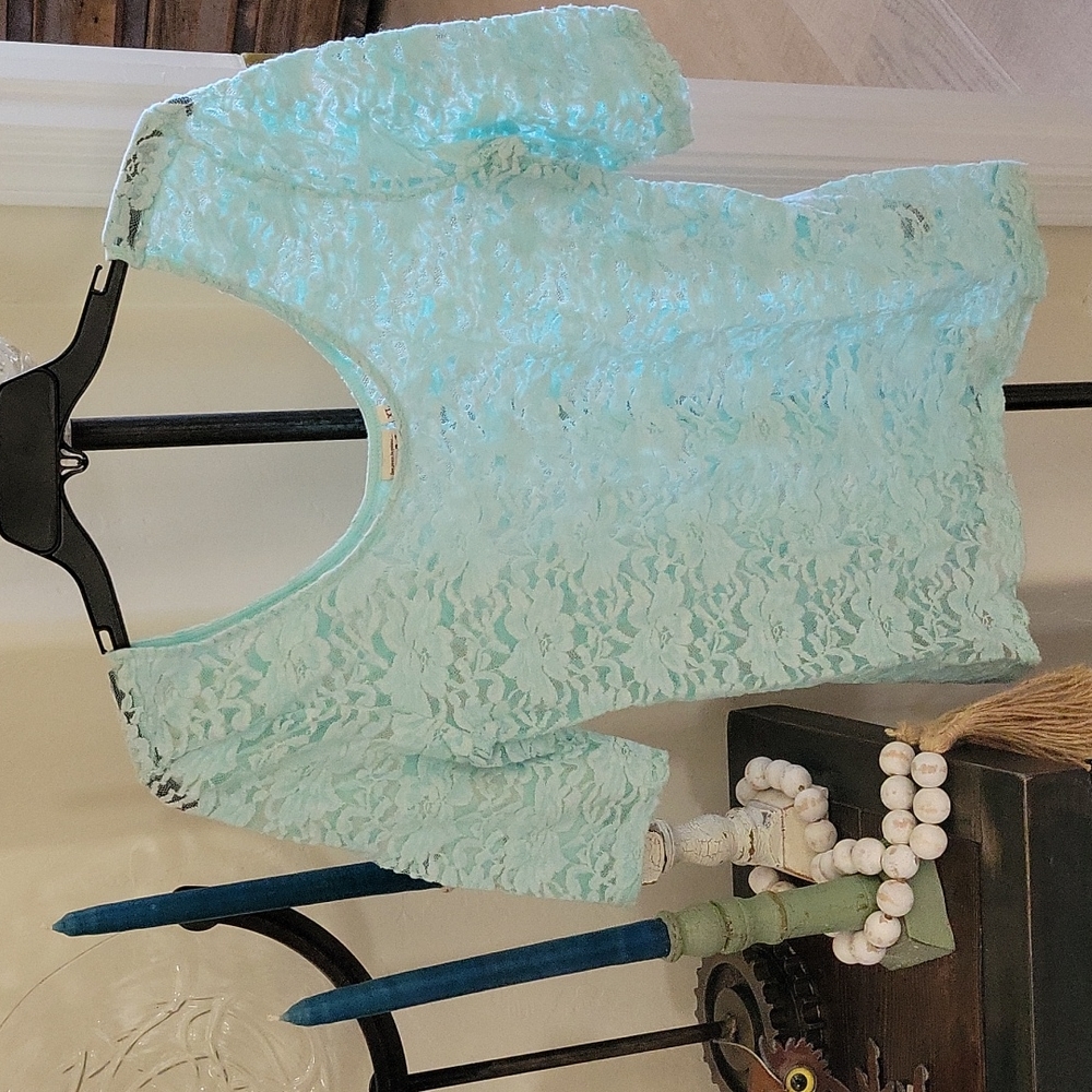 Mudd aqua, sheer velvet embroidery shirt. Jr's XL scoop neck and back